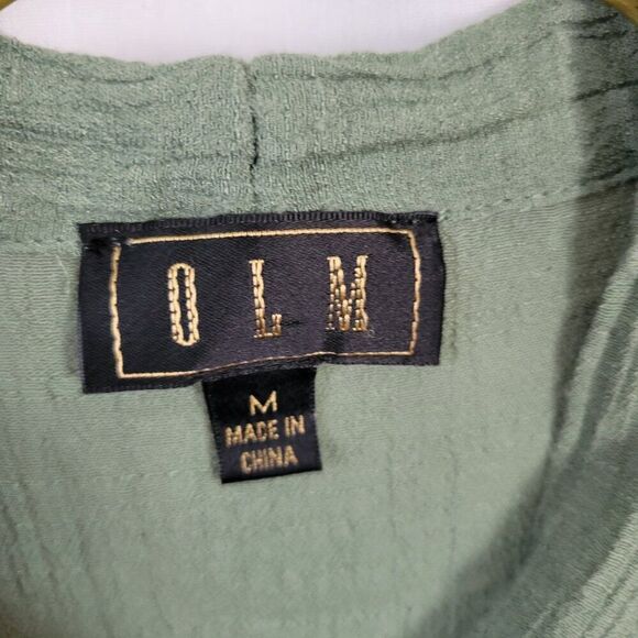 O.L.M. Medium Green Top Front Tie Gauze BOHO flutter sleeves crochet hippie EUC - Picture 7 of 10